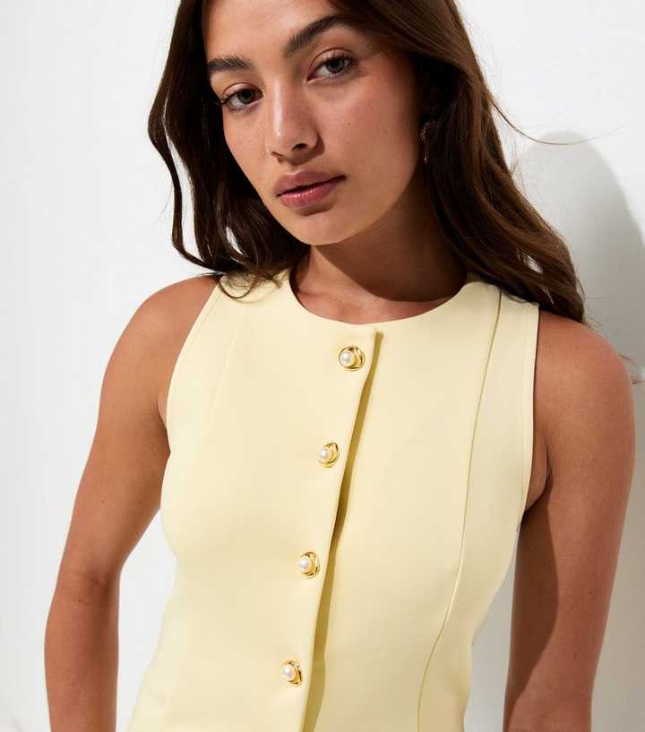 Light Yellow Jersey Crew Neck Faux Pearl Button Waistcoat