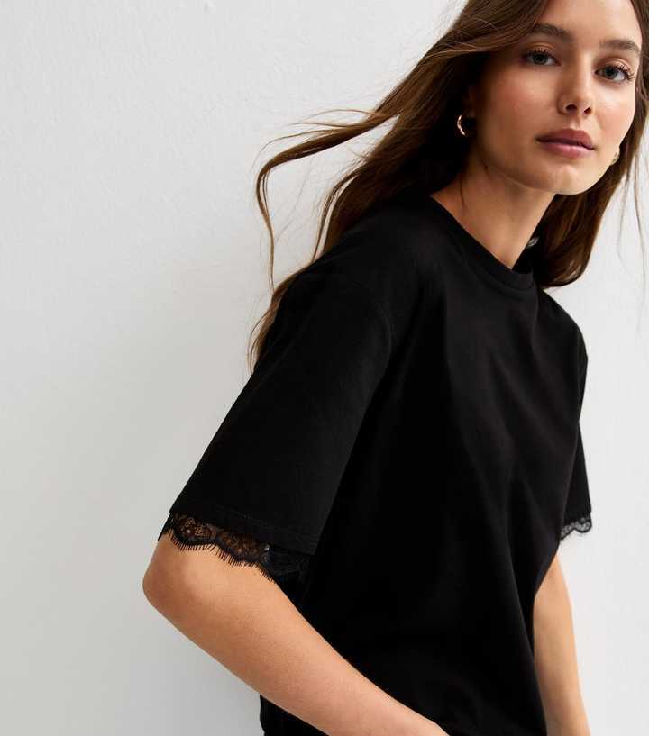 Black T-Shirt Lace Hem Boxy T-Shirt