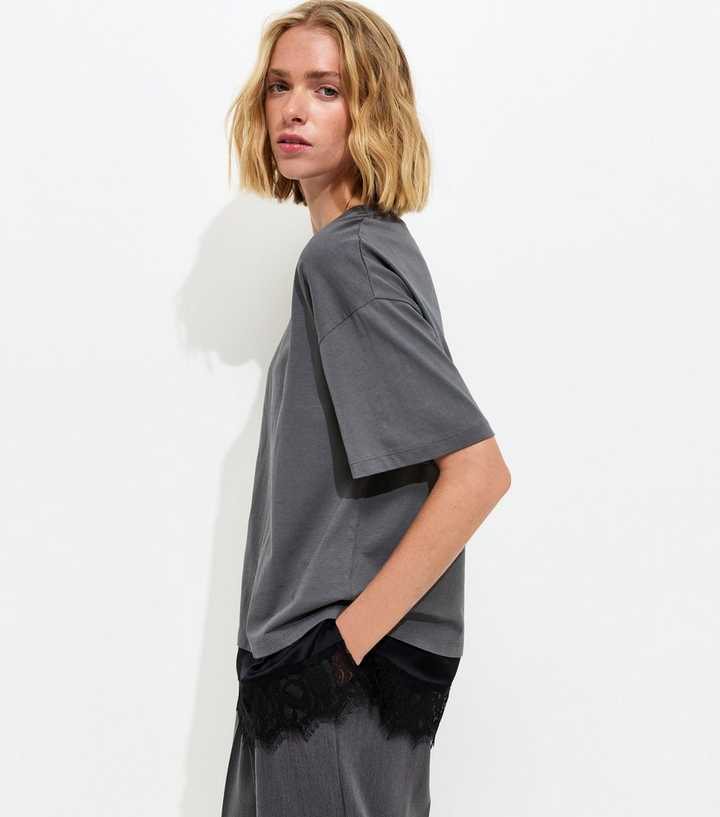 Dark Grey Satin Lace Hem Oversized T-Shirt