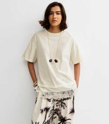 Off White Satin Lace Hem Oversized T-Shirt