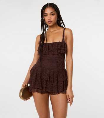 Pink Vanilla Dark Brown Floral Lace Mini Dress