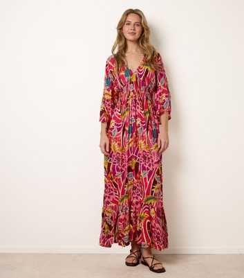 Blue Vanilla Pink V-Neck Floral Print Maxi Dress