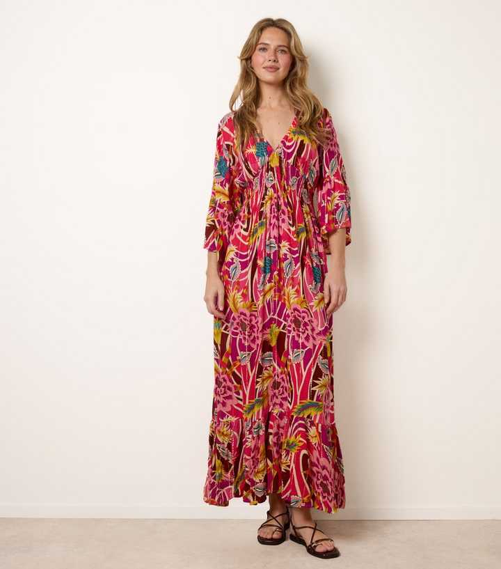 Blue Vanilla Pink V-Neck Floral Print Maxi Dress
