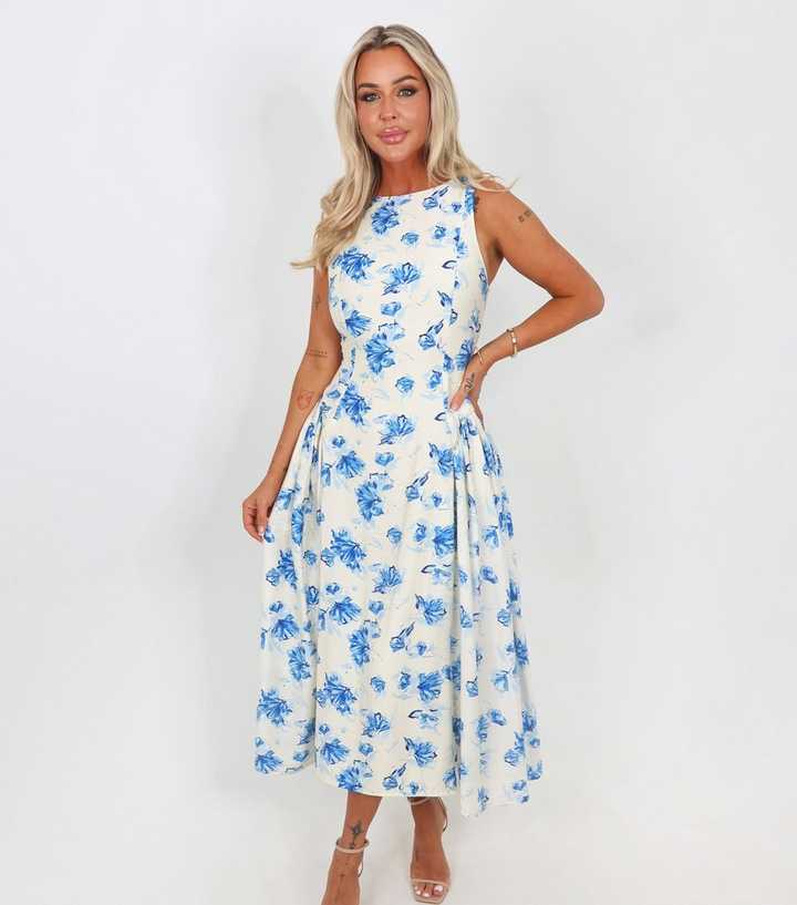 AX Paris Blue Floral Pleated Hip Midi Dress
