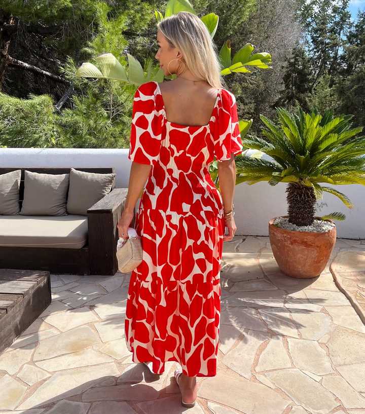 knee length dresses for ladies Red Jersey Midi Smock Dress with Pockets