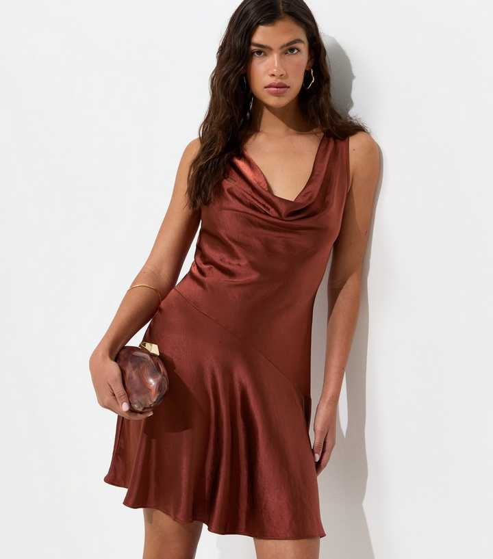 Dark Brown Satin Sleeveless Cowl Neck Mini Dress