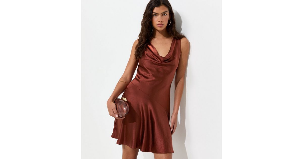 Dark Brown Satin Sleeveless Cowl Neck Mini Dress