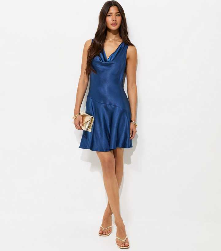 Navy Satin Sleeveless Cowl Neck Mini Dress