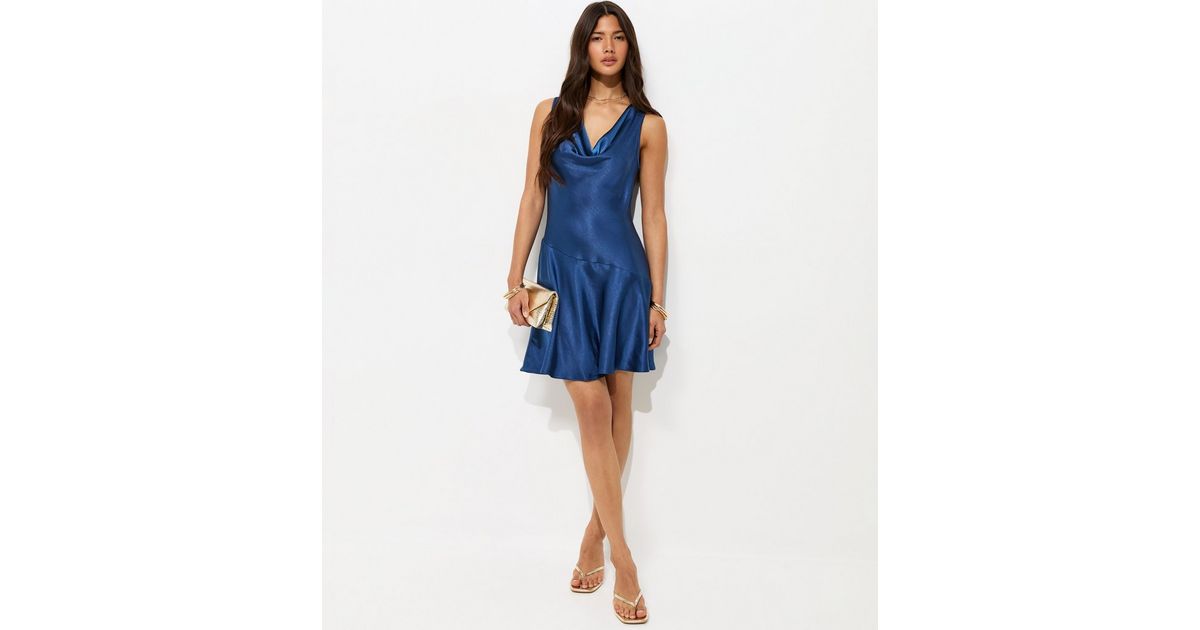 Navy Satin Sleeveless Cowl Neck Mini Dress
