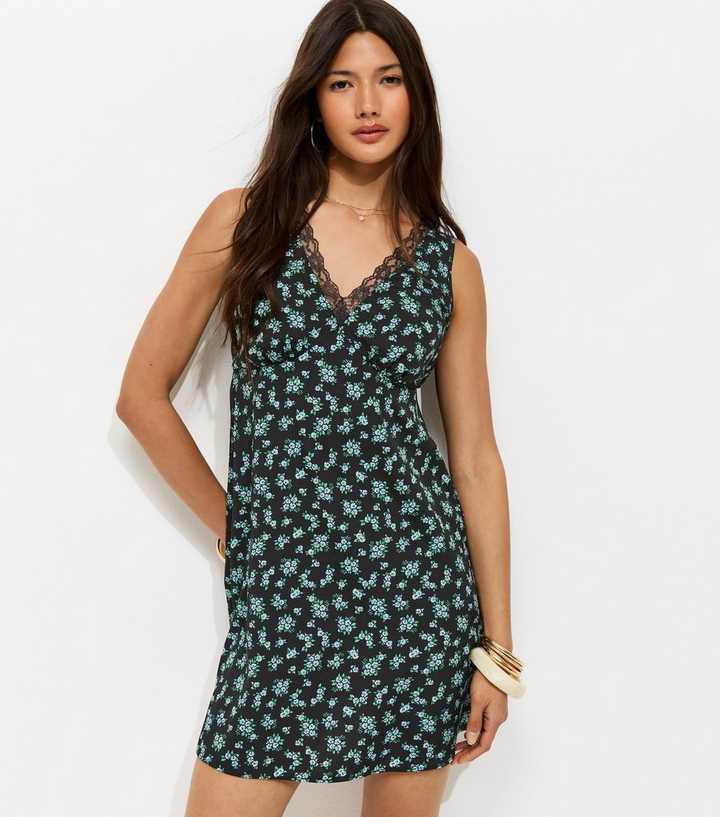 Black Floral Lace Trim Sleeveless Mini Dress