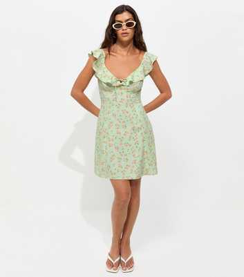 Green Crepe Ditsy Print Ruffle Trim Mini Dress
