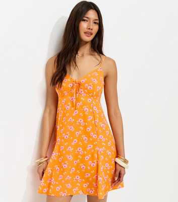 Orange Ditsy Floral Strappy Tie Front Mini Dress