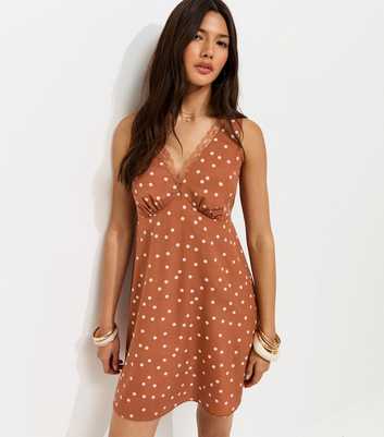 Brown Polka Dot Lace Trim Sleeveless Mini Dress