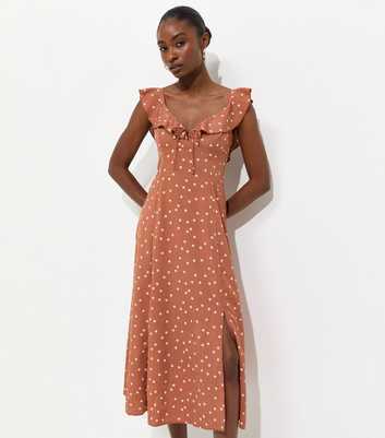 Brown Spotty Ruffle Strap Midi Dress