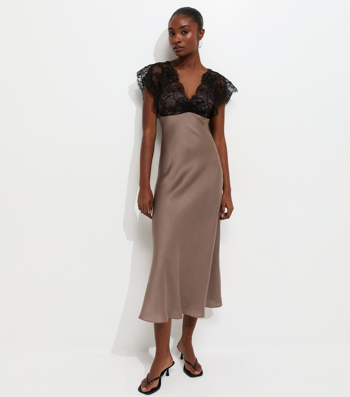 Women's Light Brown Lace Bodice Satin Midi Dress New Look