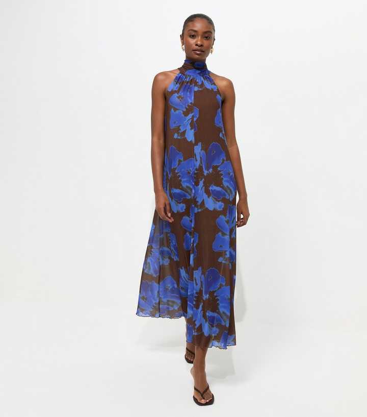 Brown Floral Halter Neck Mesh Midaxi Dress