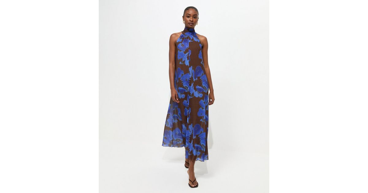 Brown Floral Halter Neck Mesh Midaxi Dress