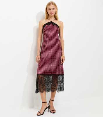 Pink Satin Striped Lace Trim Halterneck Midaxi Dress