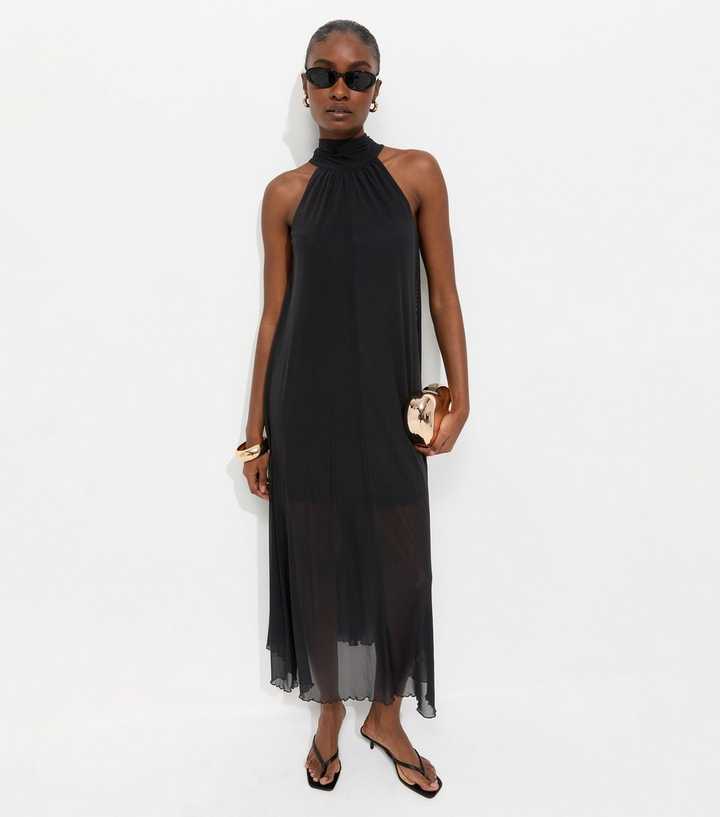 Black Mesh Halter Neck Midaxi Dress