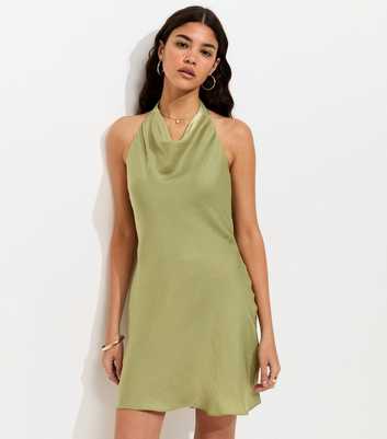 Light Green Satin Halter Neck Cowl Neck Mini Dress