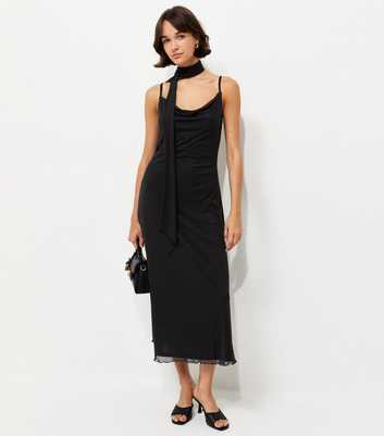 Black Mesh Cowl Neck Midi Dress with Scarf