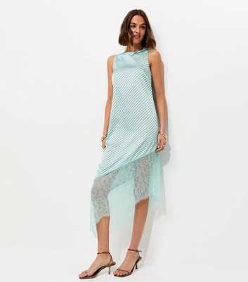 Blue Satin Striped Asymmetric Lace Hem Midi Dress