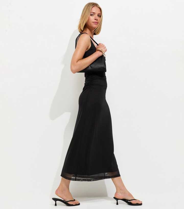 Black Square Neck Mesh Midi Dress