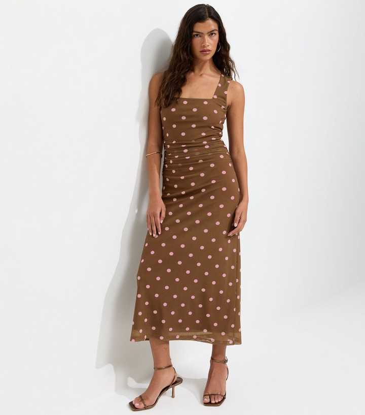 Brown Spot Print Square Neck Mesh Midi Dress