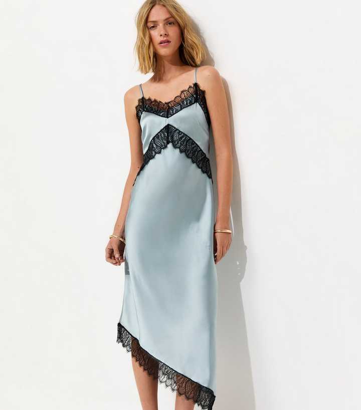 Light Blue Satin Strappy Asymmetric Midi Dress