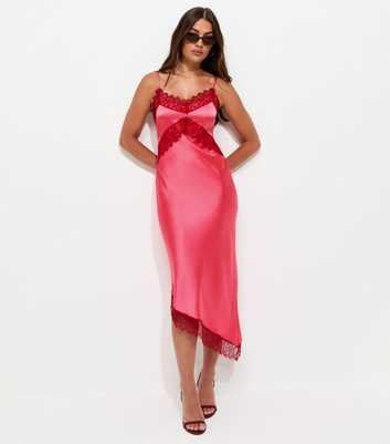 Bright Pink Satin Strappy Asymmetric Midi Dress