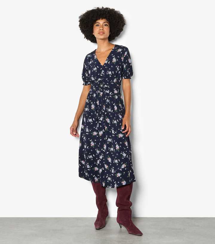 Apricot Navy Floral Button Front Midi Dress