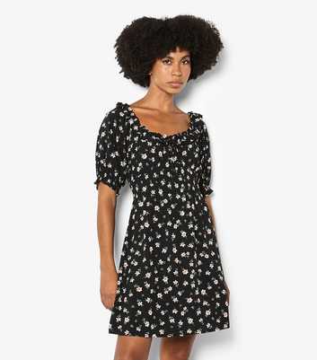 Apricot Black Floral Mini Milkmaid Dress