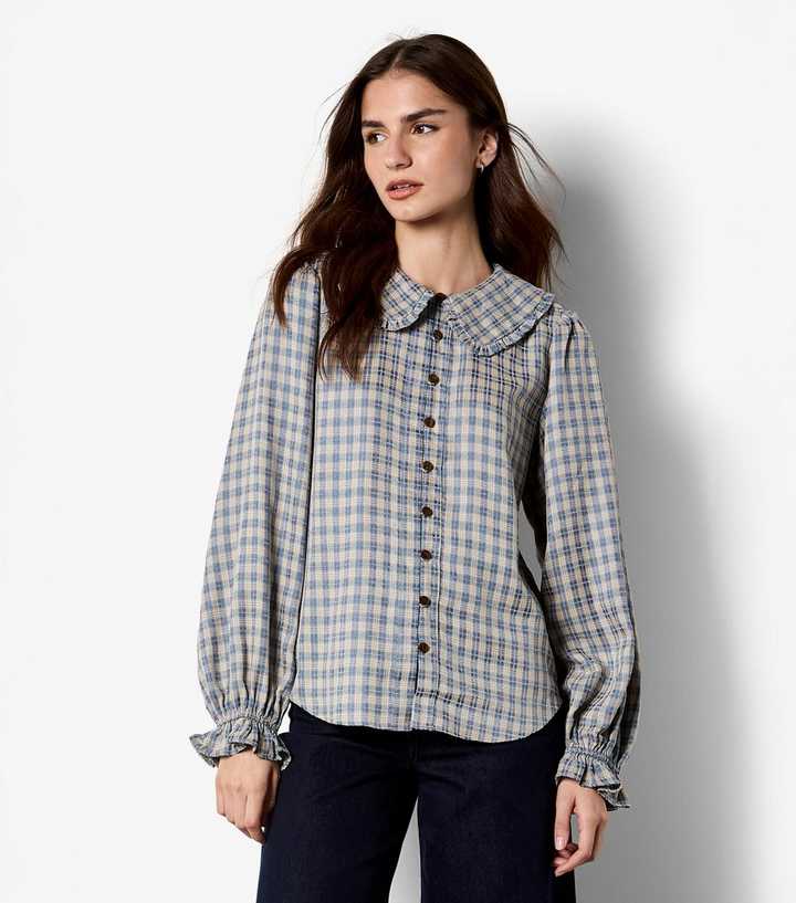 Apricot Blue Chenille Checked Ruffled Shirt