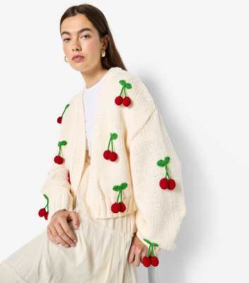 Apricot Stone Cherry Appliqued Open Cardigan