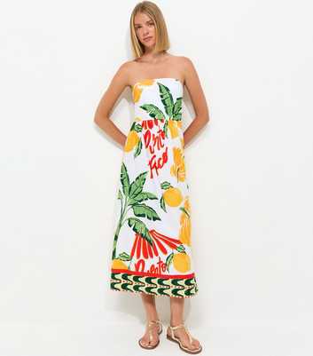 Cream Cotton Tropical Print Bandeau Midi Dress