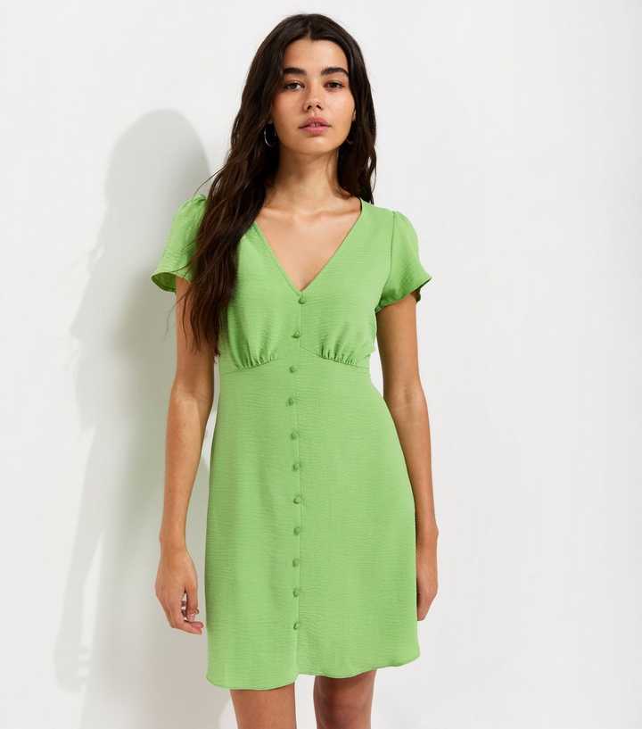 Bright Green Flutter Sleeve Mini Tea Dress