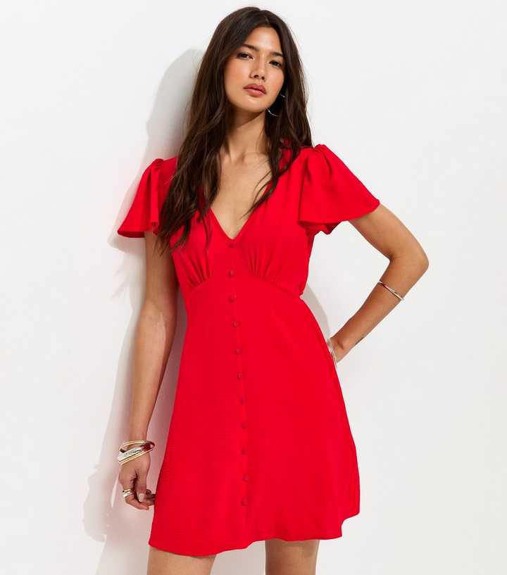 Bright Red Flutter Sleeve Mini Tea Dress
