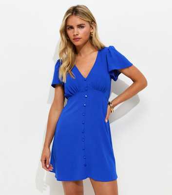 Petite Bright Blue V-Neck Tea Mini Dress