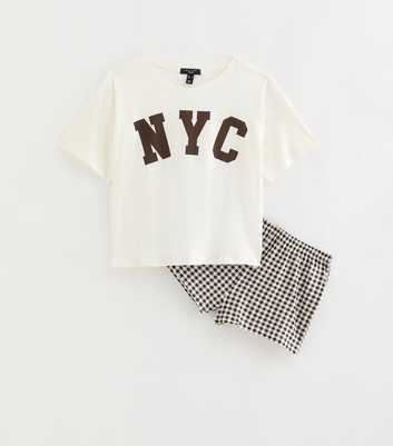 Petite Cream NYC Gingham Print Pyjama Shorts Set