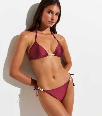Dark Burgundy Satin Charm Detail Side Tie Bikini Bottoms