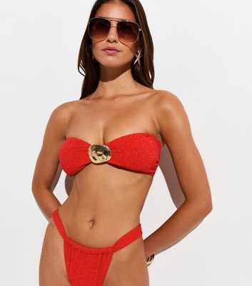 Bright Red Hammered Charm Metallic Trim Bandeau Bikini Top