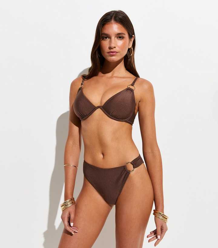 Dark Brown Hammered Golden Ring Hipster Bikini Bottoms