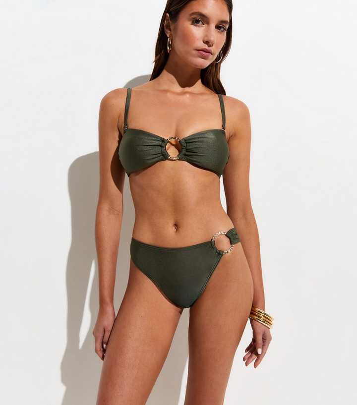 Dark Green Hammered Golden Ring Hipster Bikini Bottoms