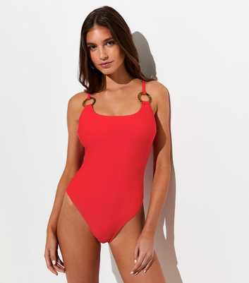 Bright Red Tummy Control Tortoiseshell Ring Swimsuit