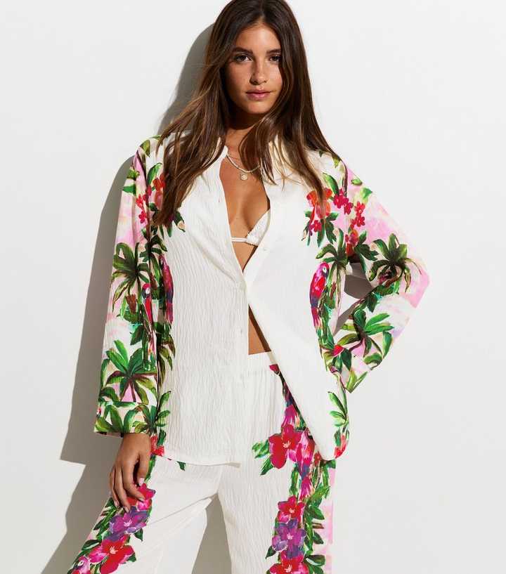White Crinkle Texture Oversized Parrot Print Beach Shirt