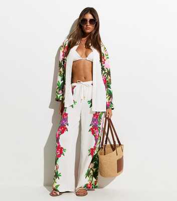 White Crinkle Texture Parrot Print Beach Trousers