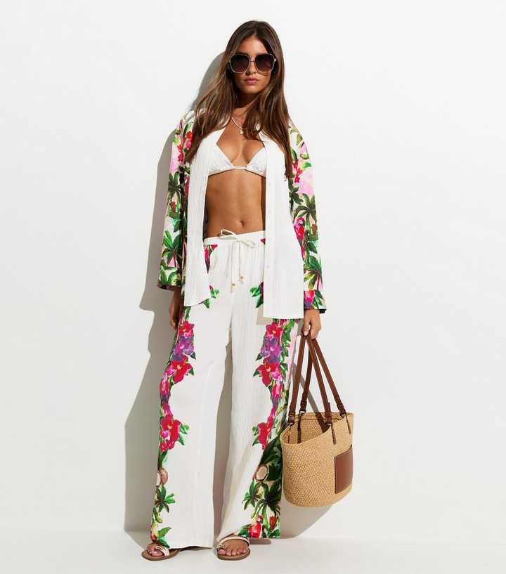 White Crinkle Texture Parrot Print Beach Trousers
