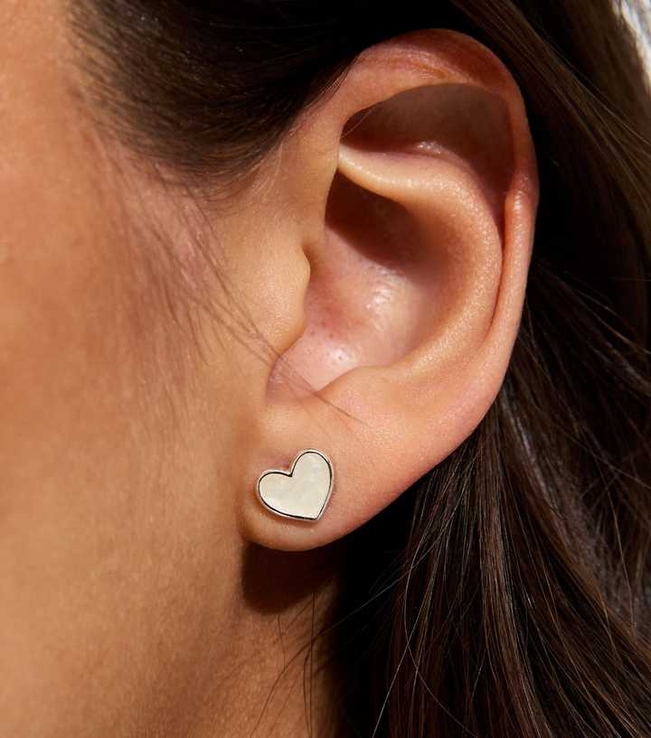 Silver Tone White Mini Heart Stud Earrings