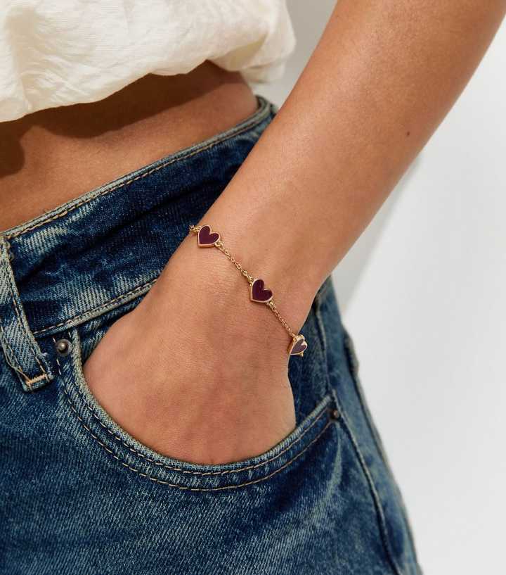 Gold Tone Dark Brown Enamel Heart Bracelet