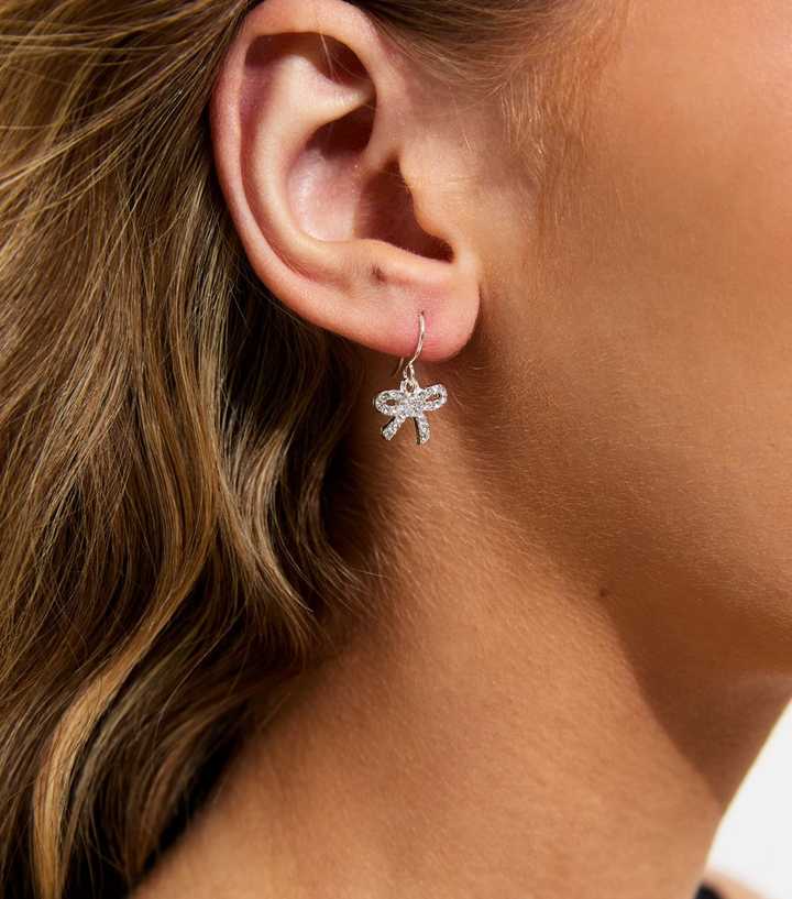 Silver Tone Diamante Bow Drop Earrings